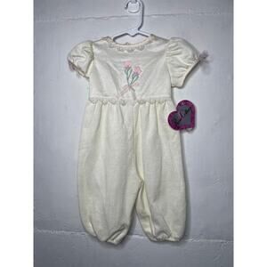 NEW Vintage Rose Cottage Ivory Satin Jumpsuit Romper Girls Size 6-9 Months